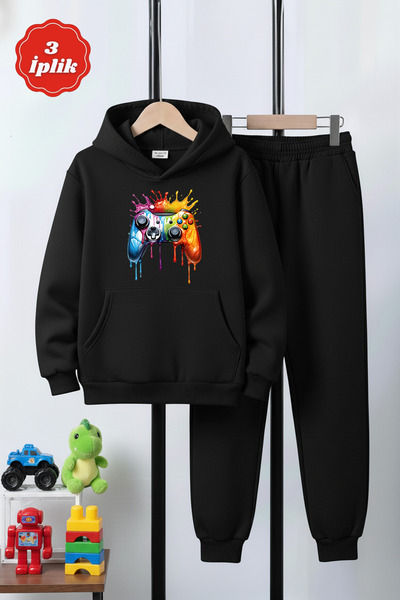 FYK KİDS 3 İplik K με κουκούλα Kangaroo Cepli Kalın Ş επένδυση fleece Θέμα παιχνιδιού B με τύπωμα Σετ αθλητικής φόρμας για αγόρια