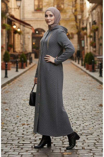 sefamerve με κουκούλα Καπιτονέ παλτό με λεπτομέρεια αλυσίδας 0216-01 Ανθρακίτη