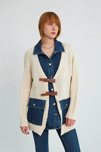 Robin Belt detailed denim Paneled knitwear cardigan