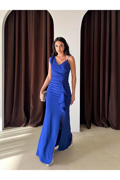 Serica Moda Βραδινό φόρεμα μπλε κοβαλτίου με ασύμμετρο λαιμόκοψη με βολάν μπλε μπροστά