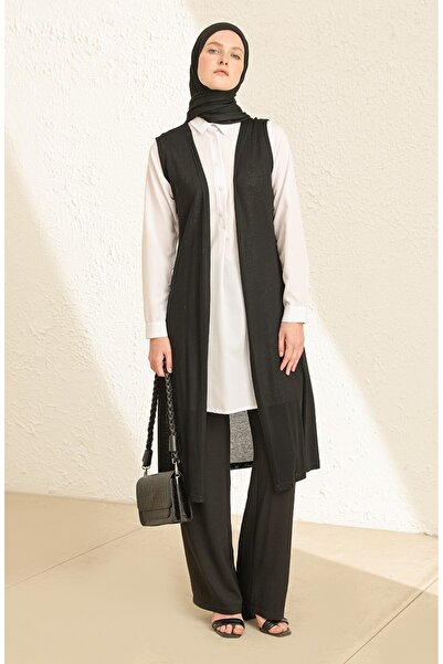 sefamerve Simple Thin Basic Long Vest Plus Size Vest Hijab Vest 8765-01 Black