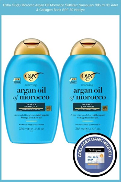 OGX Extra Güçlü Morocco Argan Oil Morrocco Sülfatsız Şampuanı 385 ml X 2 Adet & Collagen Bank Şase Hediy