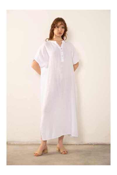İpekçi Otantik Raw Linen Maxi Kaftan Dress White