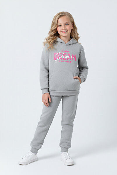 FYK KİDS Σετ αθλητικής φόρμας για κορίτσια με 3 νήματα K με κουκούλα Ş επένδυση fleece Bold Dream Print με λεπτομέρεια και τσέπη καγκουρό