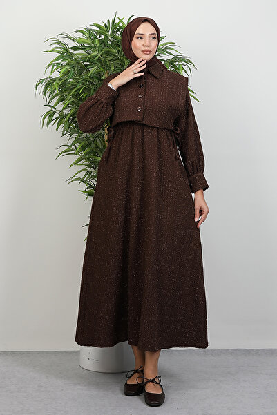 Lamia Giyim Alçin Tüvit Elbise Kahve