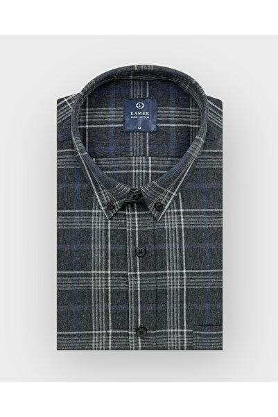 KAMER REGULAR FIT KIŞLIK TAM PAMUK UZUN KOLLU DÜĞMELİ YAKA EKOSE ANTRASİT GÖMLEK 3867A
