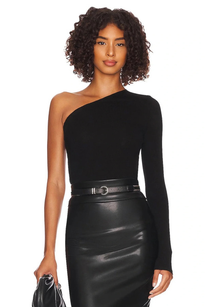 bysoca Women's Black Asymmetrical Neckline Single Long Sleeve Bodycon Stretch...