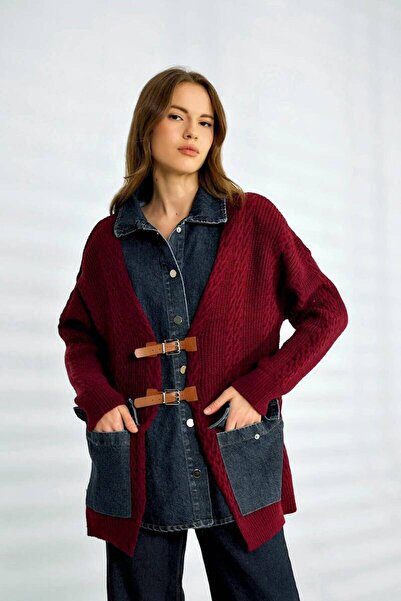 Robin Belt detailed denim Paneled knitwear cardigan
