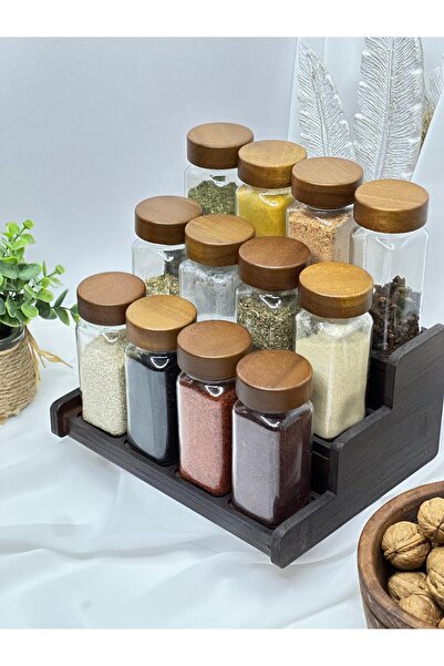 aden glass Akasya Kapak Ve Standlı 12 Li Cam Baharat Takımı
