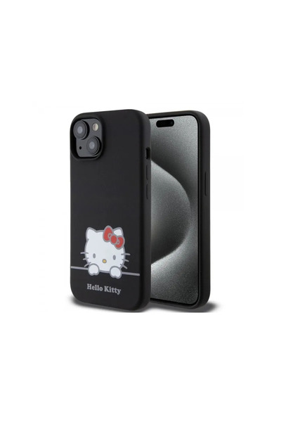 Hello Kitty Case for iPhone 15 Liquid Silicone Daydreaming Logo Black