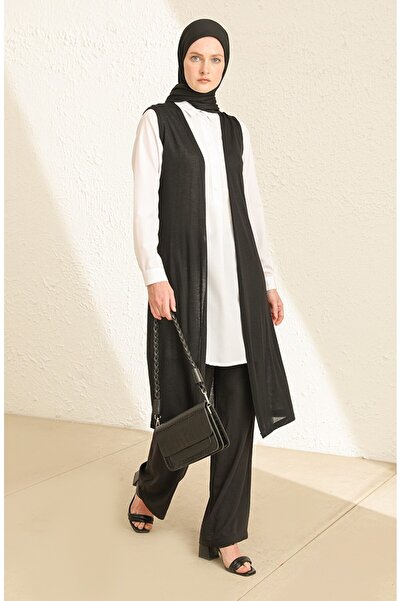 sefamerve Simple Thin Basic Long Vest Plus Size Vest Hijab Vest 8765-01 Black