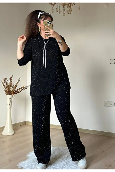 AZRA BUTİK Glittery String Lace-Up Stone Set Black