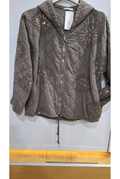 NUR TEKSTİL Kadın bej Kapitone Dikiş Pullu Çiçekli iTALYAN %100 Pamuk Sweat Ceket Baharlık Ceket 42/46 uyuml