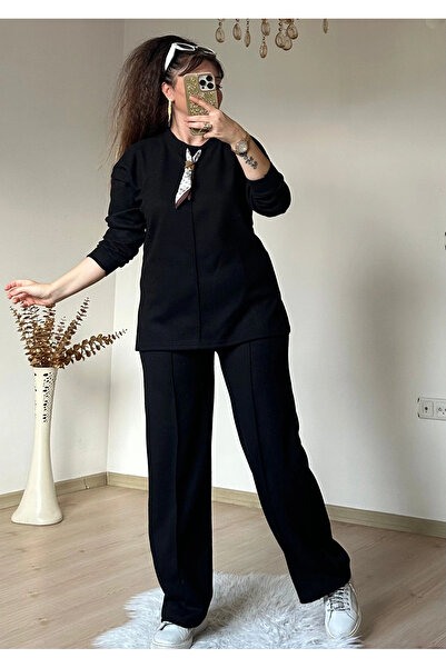 AZRA BUTİK Collar Shawl Detailed Suit Black