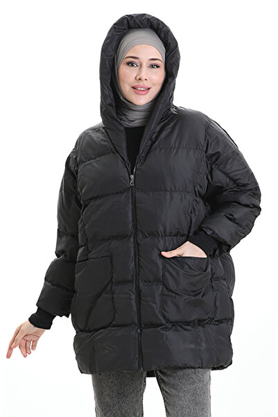 sefamerve Hooded Zippered Puffer Jacket 0204-01 Black