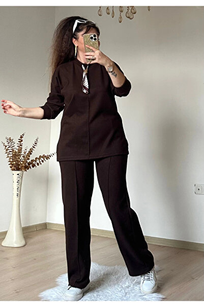 AZRA BUTİK Costum cu detaliu șal cu guler maro