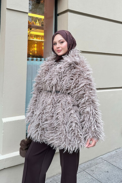 LOCCO Women's Belt Detail Short Fur Coat Stone