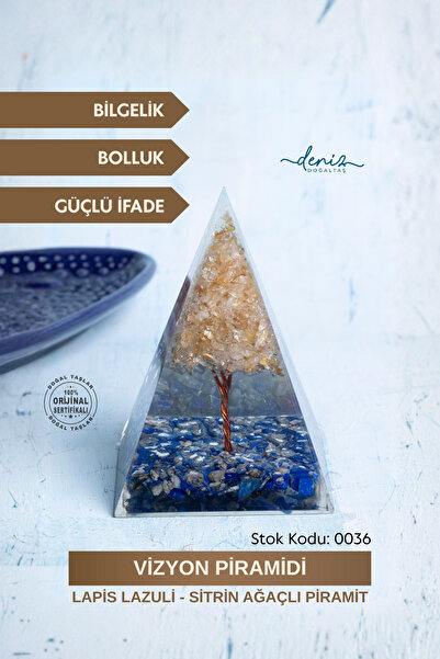 Deniz Doğal Taş Sertifikalı Lapis Lazuli - Sitrin Ağaçlı Piramit Vizyon Piram...