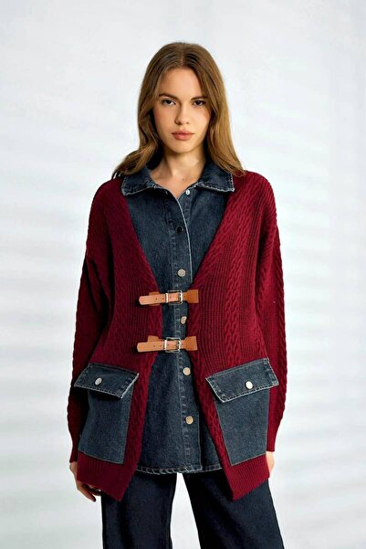Robin Belt detailed denim Paneled knitwear cardigan