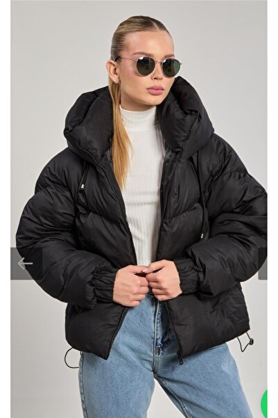 BARRELS AND OIL Women's Short Puffer Coat with Side Pockets K Hooded