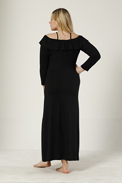 Miss Dünya Lissa Plus Size Long Sleeve Open Collar Ruffle Detail Women's Nightgown