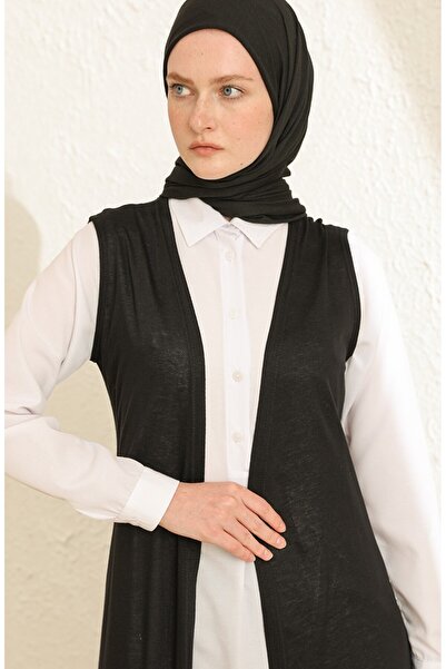sefamerve Simple Thin Basic Long Vest Plus Size Vest Hijab Vest 8765-01 Black