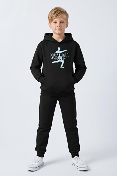 FYK KİDS Σετ αθλητικής φόρμας για αγόρια με 3 νήματα K με κουκούλα Kangaroo Pocket Thick Ş επένδυση fleece με λεπτομέρεια εκτύπωσης Footbal Club