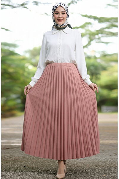 sefamerve Elastic Waist Pleated Skirt 0213-05 Dusty Rose