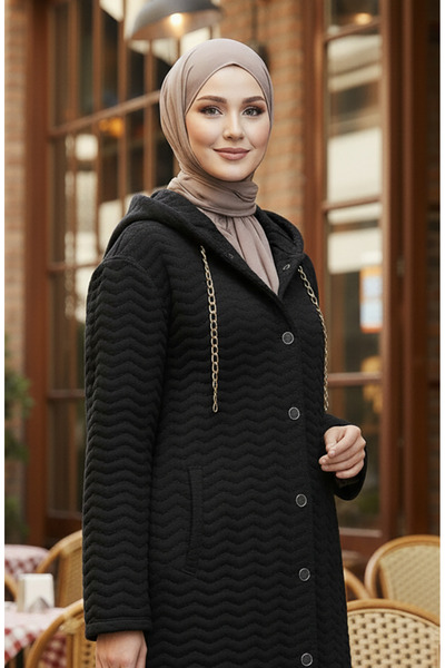 sefamerve Παλτό με ρίγες και καπιτονέ με λεπτομέρεια αλυσίδας 0217-02 Μαύρο