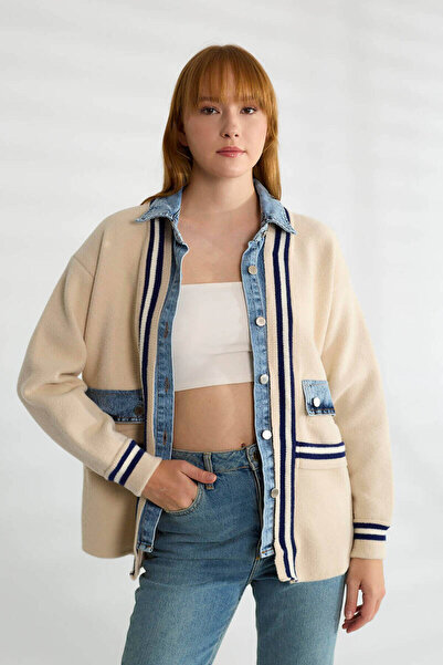 Robin Denim Paneled Large Pocket Knitwear Cardigan