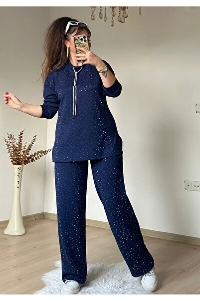 AZRA BUTİK Silvery String Lace-Up Stone Suit Navy Blue