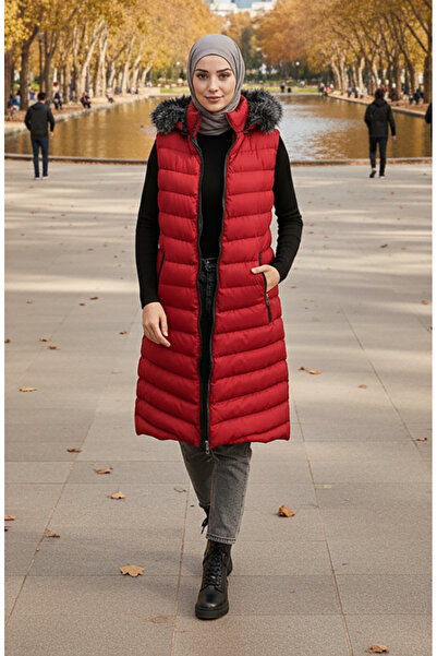 sefamerve Hooded Zippered Puffer Vest 70030-01 Claret Red