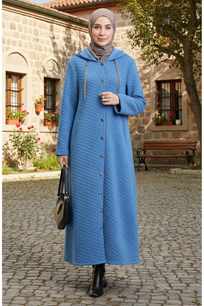 sefamerve Καπιτονέ παλτό με κουκούλα με λεπτομέρεια αλυσίδας 0216-02 Indigo