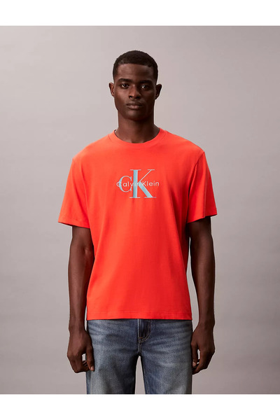 Calvin Klein Men's Regular Fit Round Neck Ck Logo Printed Cotton Short Sleeve Orange T-Shirt Lv04Rb862G-6Wd
