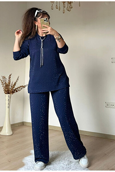 AZRA BUTİK Silvery String Lace-Up Stone Suit Navy Blue