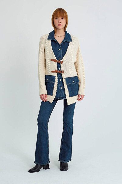 Robin Belt detailed denim Paneled knitwear cardigan