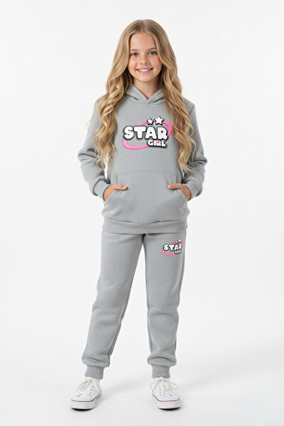 FYK KİDS 3 İplik K Hooded Ş Fleece-Lined Winter Girl Star Print Detailed Kangaroo Pocket Girls' Tracksuit Set