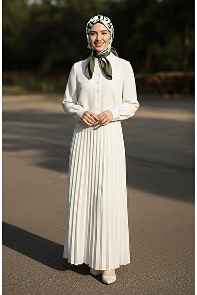 sefamerve Elastic Waist Pleated Skirt 0213-02 White