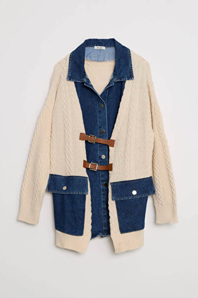 Robin Belt detailed denim Paneled knitwear cardigan
