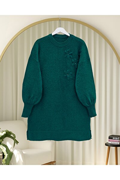 Modamorfo Floral patterned embellished soft knit sweater - emerald