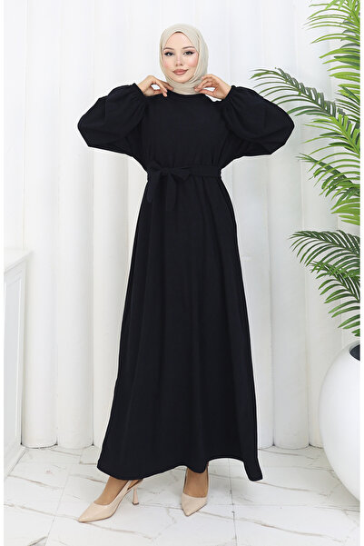 sefamerve Belted Dress with Elasticated Sleeves 2161-04 Navy Blue