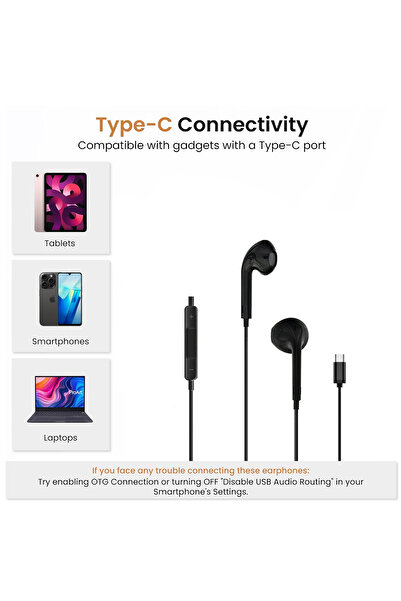 TİT TE-169 USB-C Wired Earphones: In-Line Mic/Volume, Stereo Sound, 1.2m Cable.