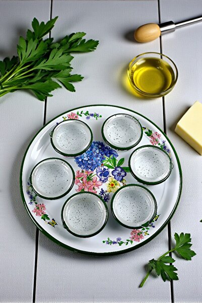 İnci Emaye 7 Piece Large Enamel Breakfast Set with Lid, Presentation Plate, Breakfast Plate, Jam Bowl, Dowry