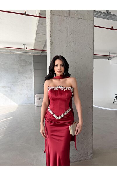 Serica Moda Red Strapless Stone Embroidered Shawl Detailed Satin Evening Dress