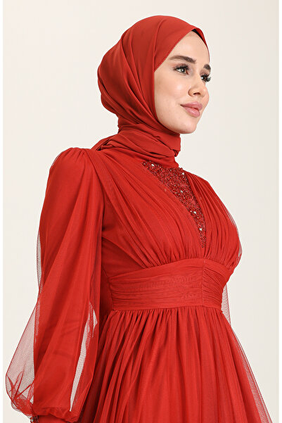 sefamerve Tulle and Applique Embroidered Hijab Evening Dress 3403-09 Tile