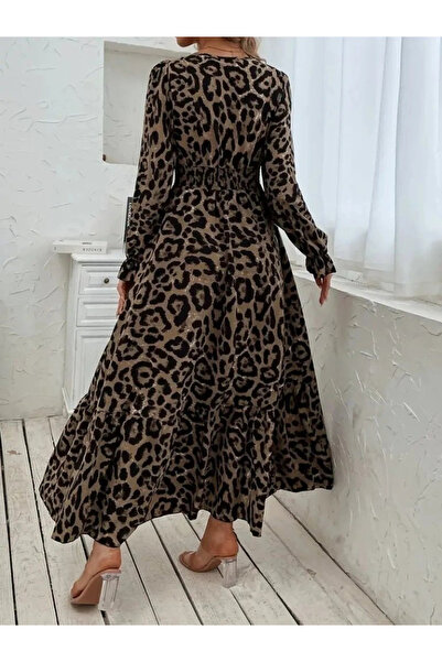 KentselBazaar Women's Long Sleeve Double-Breasted Collar Leopard Print Long Single Jersey Dress