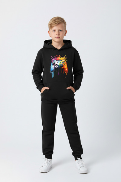 FYK KİDS 3 İplik K με κουκούλα Kangaroo Cepli Kalın Ş επένδυση fleece Θέμα παιχνιδιού B με τύπωμα Σετ αθλητικής φόρμας για αγόρια