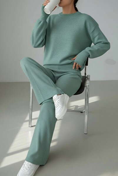 NEWCO Finger-Through Acrylic Textured Oversized Knitwear Two-Piece Set Wide-Leg Pants