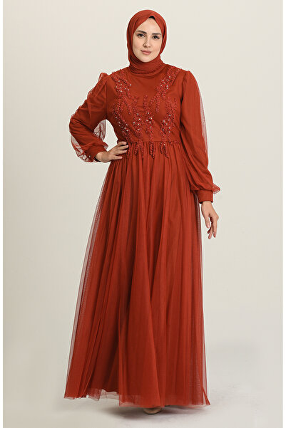 sefamerve Βραδινό φόρεμα με κέντημα απλικέ μεγάλου μεγέθους 3407-04 Πλακάκι