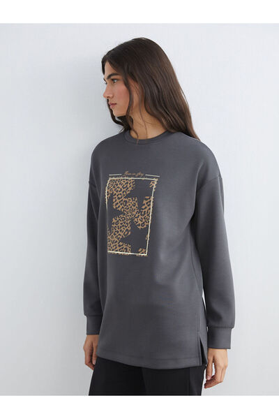 LC Waikiki Gray Printed Oversize Women's Sweatshirt Tunic